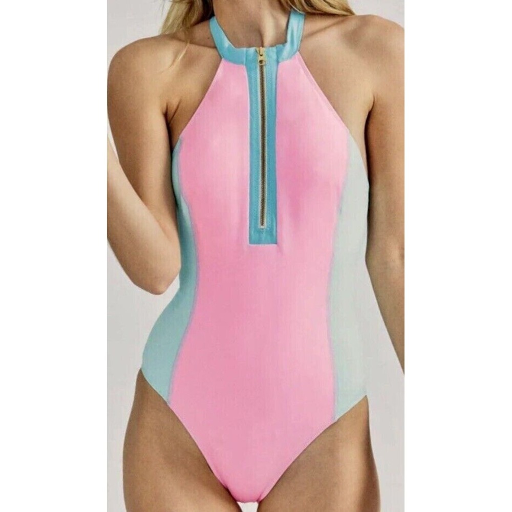 HURLEY Love Shack Fancy High Neck Zip Pink Blue Green 1Pc Swimsuit Womens M NWOT